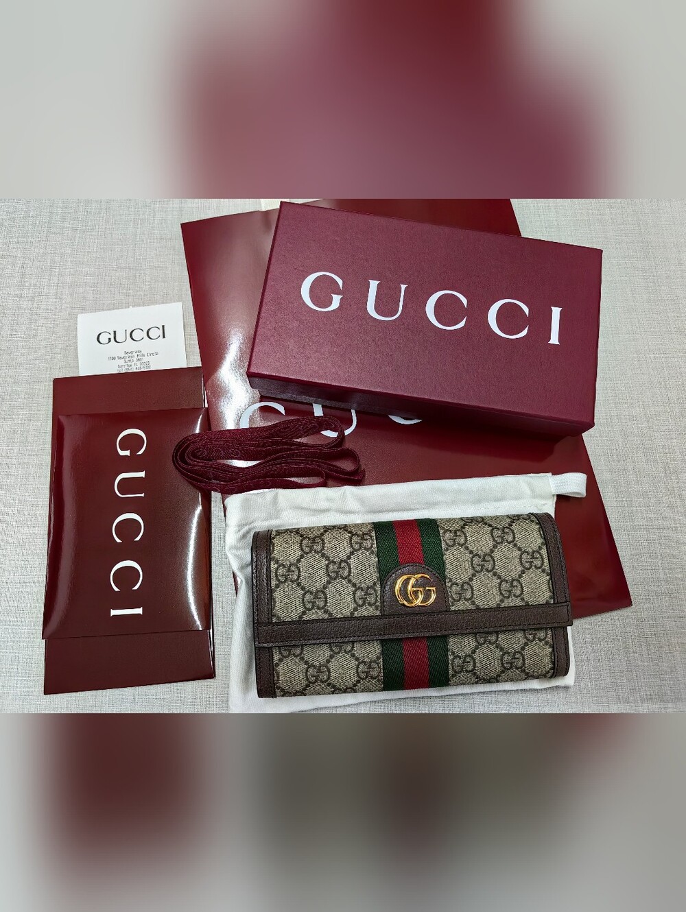 Gucci GG Supreme Canvas Wallet with Green and Red Stripe and Brown Trim